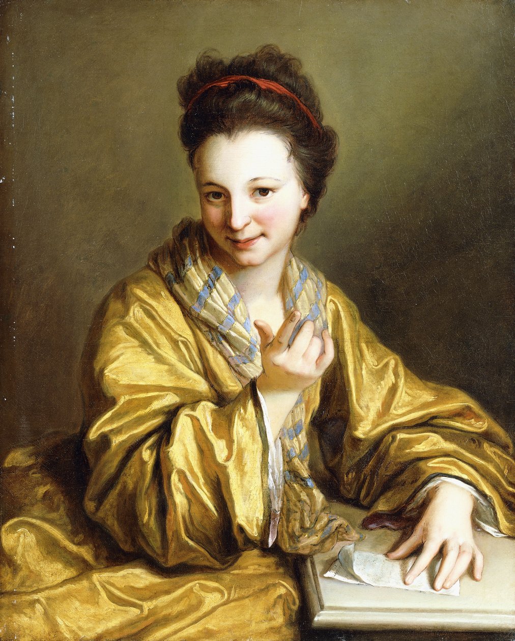En ung dame, iført en gul kappe, siddende ved et bord, vinkende, 1703 af Jean Baptiste Santerre