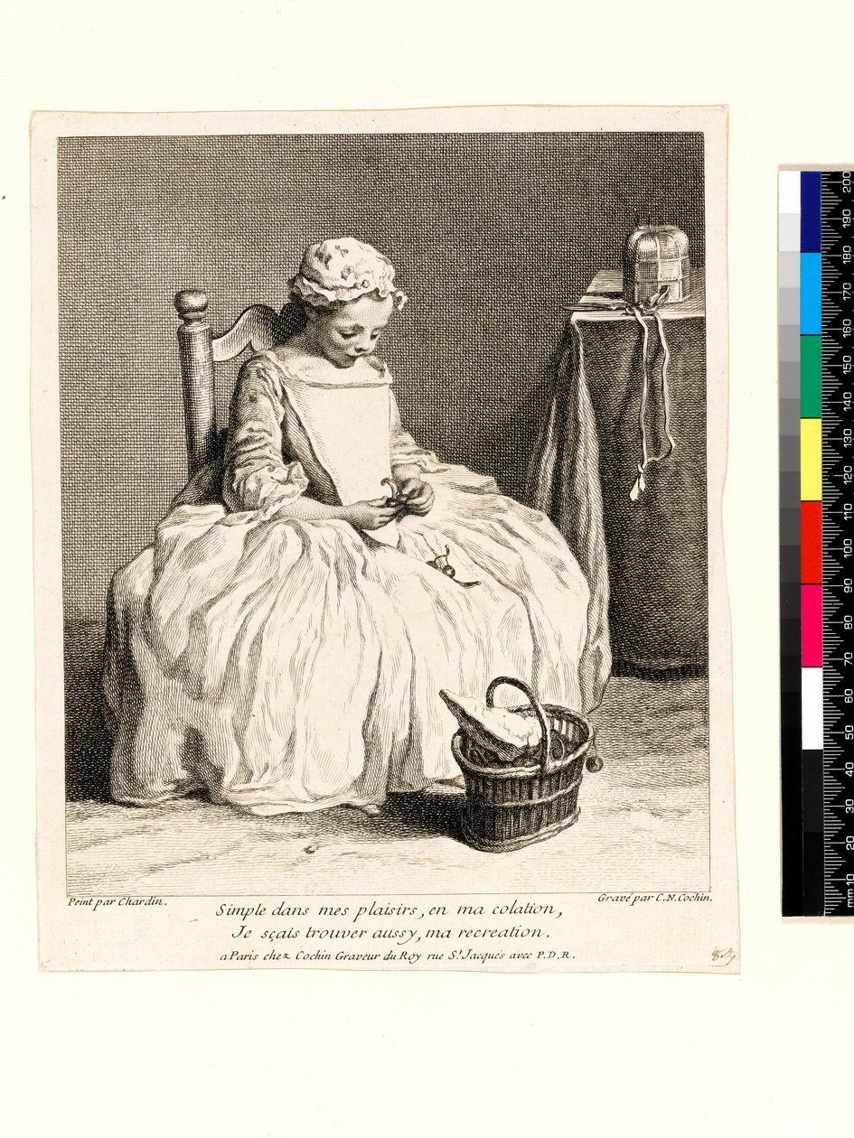 Lille pige med sin frokost (La Petite Fille aux Cerises) graveret af Charles Nicolas Cochin I (1688-1754) 1738 (ætsning og gravering) af Jean Baptiste Simeon (after) Chardin