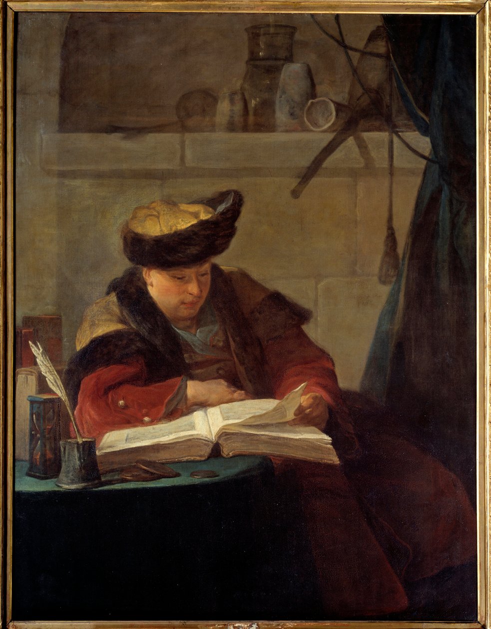 En kemiker i sit laboratorium eller en filosof optager sin læsning. Portræt af maleren Jacques Andre Joseph Ave, kendt som Camelot eller Avet le Batave (1702-1766). Maleri af Jean Baptiste Simeon Chardin (1699-1779) 1734 søn. 1,38x1,05 m af Jean Baptiste Simeon Chardin