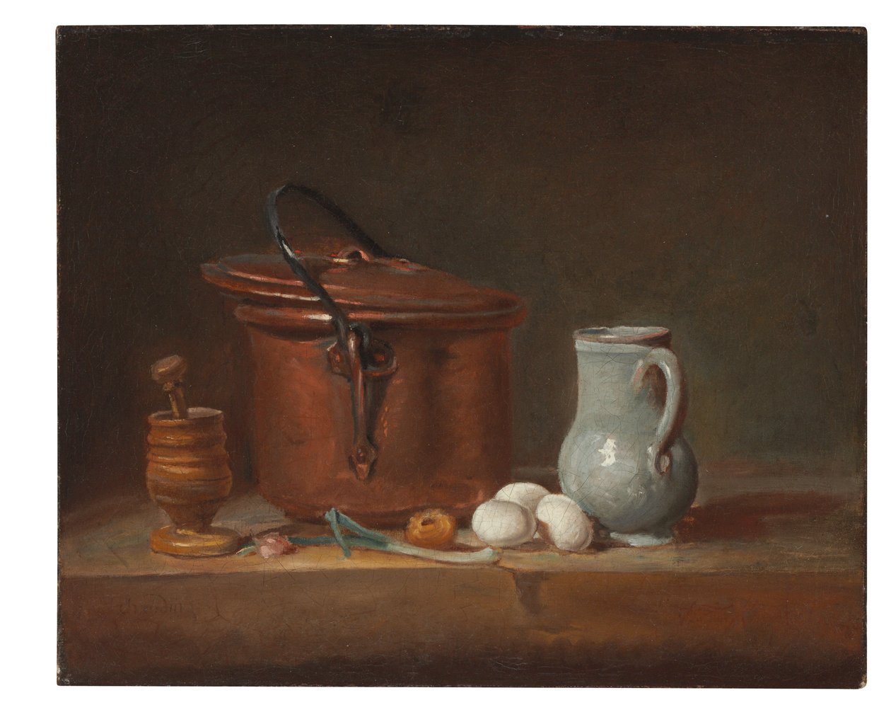 En kobbergryde, en støder og morter, en kande, en spidskål, æg og et løg på en hylde af Jean Baptiste Simeon Chardin