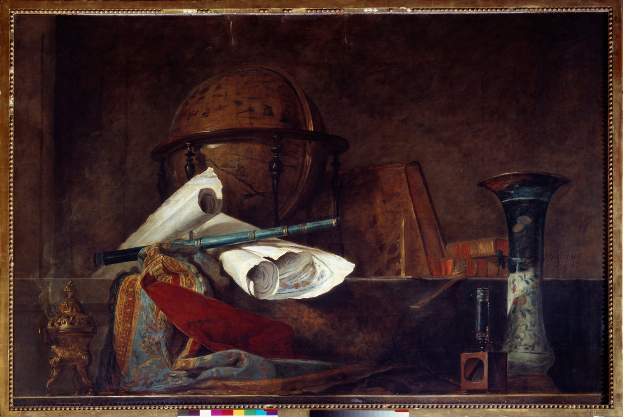Allegori af videnskab Stilleben, globus, geografiske kort, bøger og vase. Maleri af Jean Baptiste Simeon Chardin (1699-1779) Paris fra det 18. århundrede, Musee Jacquemart Andre af Jean Baptiste Simeon Chardin