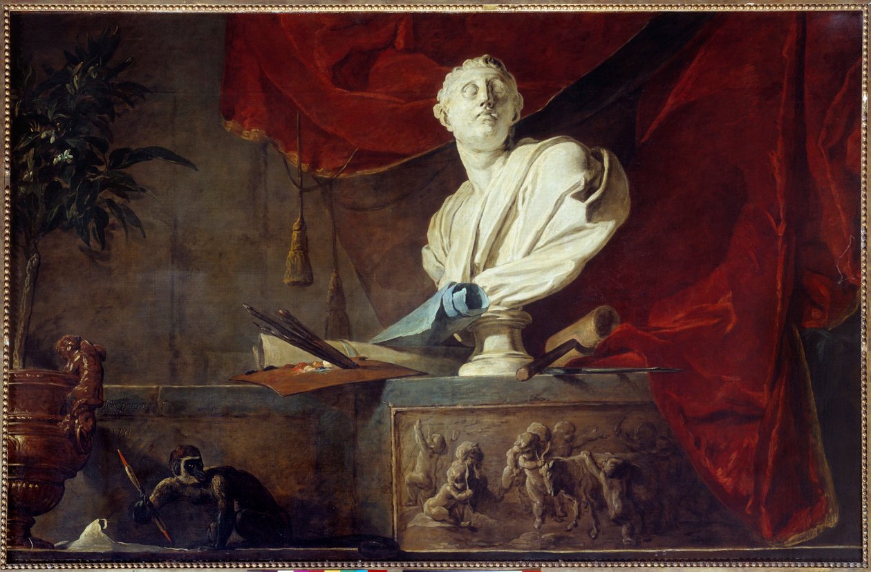 Allegory of the Arts Stilleben skulptureret buste, palet og børster, lærred, rulle. Maleri af Jean Baptiste Simeon Chardin (1699-1779) Paris fra det 18. århundrede, Musee Jacquemart Andre af Jean Baptiste Simeon Chardin