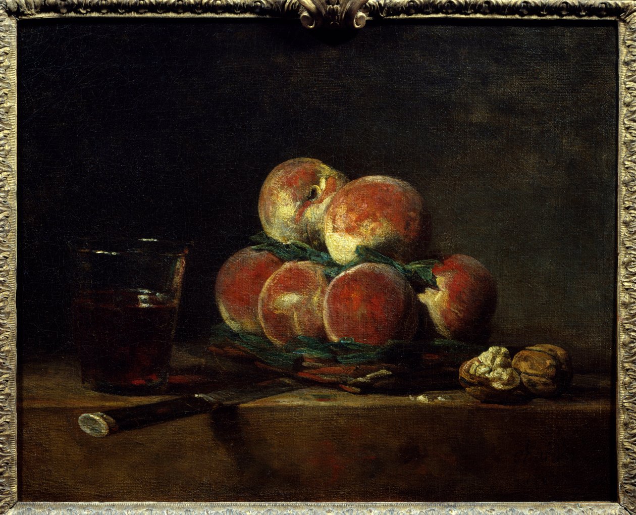 Kurv med peches med nødder, kniv og glas vin Maleri af Jean Baptiste Simeon Chardin (1699-1779) 1768 Dim. 0,32x0,39 m Paris, Musée du Louvre af Jean Baptiste Simeon Chardin