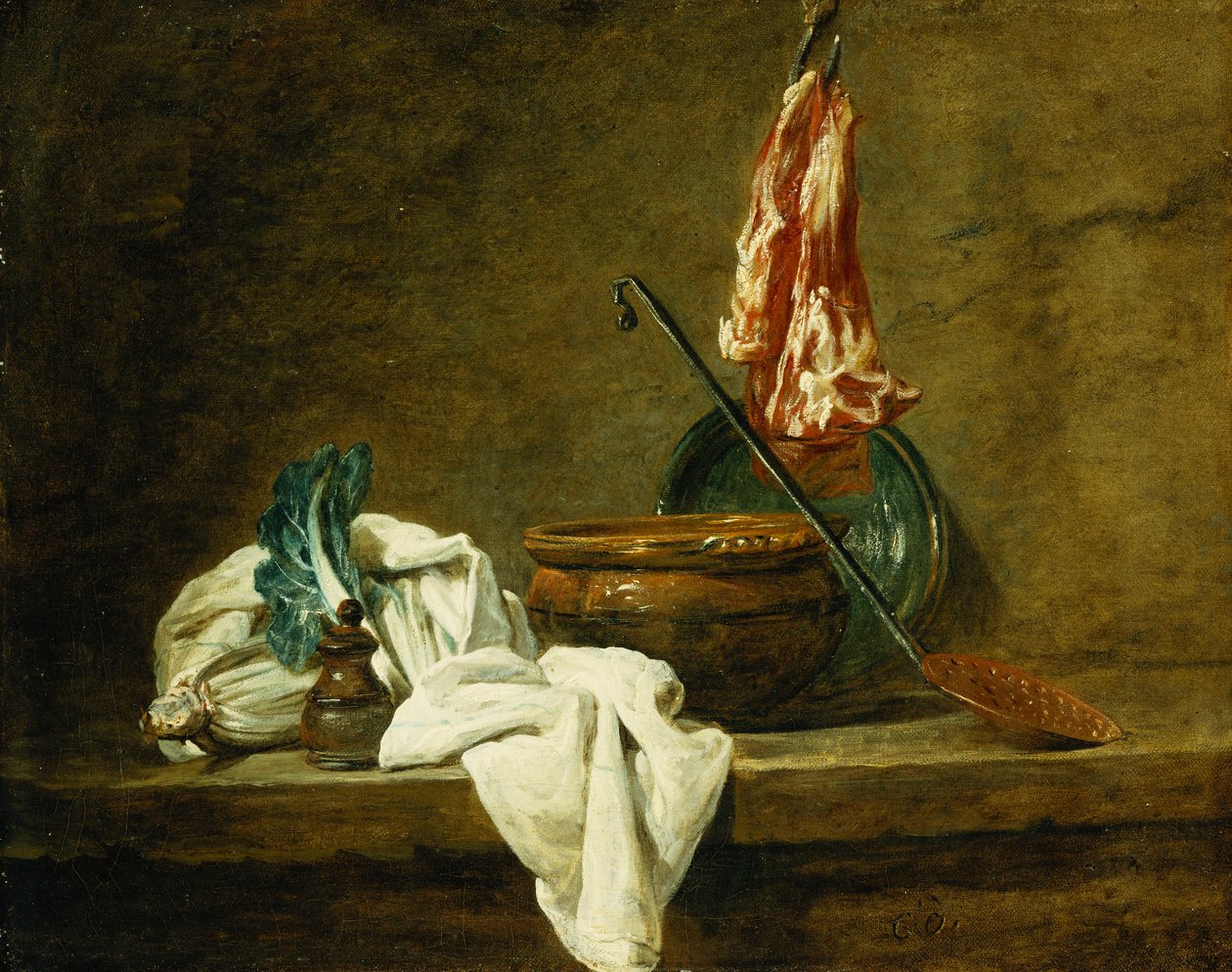 Roer, en krydderiæske, en karklud, en gryde, en glaseret fajancetallerken, en skimmer, med kød på en krog, på en afsats, 1734 af Jean Baptiste Simeon Chardin