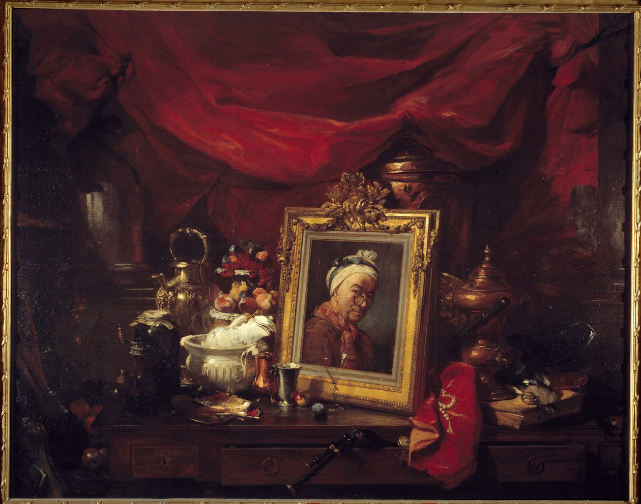 Chardin og hans modeller. Tabel i et array (abyme). Et maleri, der forestiller Jean Baptiste Simeon Chardin (1699-1779) omgiver stilleben. Maleri af Philippe Rousseau (1816-1887) 1867 søn. 1,77x2,26 m Paris, musee d