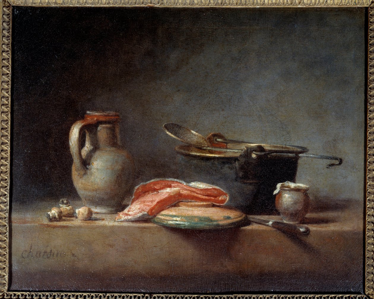 Kobbergryde, skimmer, kande og skive laks. Stilleben. Jean Baptiste Simeon Chardin (1699 - 1779) af Jean Baptiste Simeon Chardin