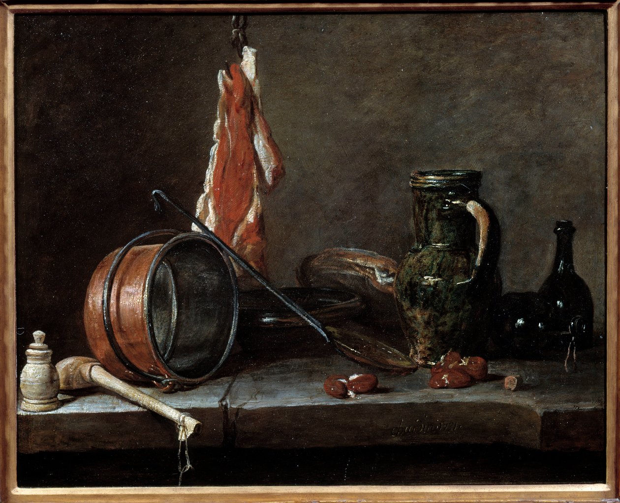 Fedt menu og køkkenredskaber. Stilleben. Maleri af Jean Baptiste Simeon Chardin (1699-1779) af Jean Baptiste Simeon Chardin