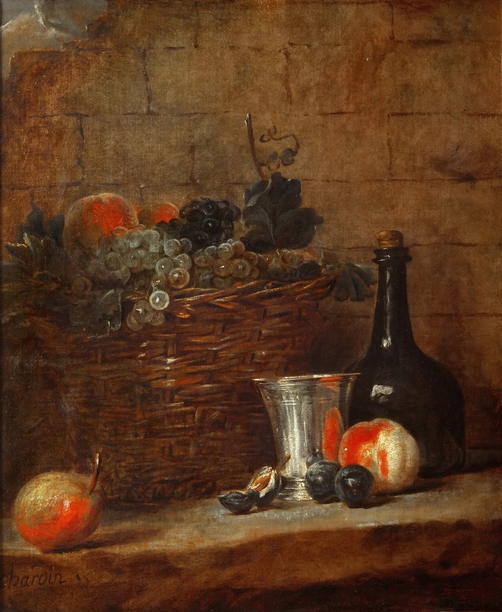 Frugtkurv med druer, en sølvbæger og en flaske, ferskner, blommer og en pære af Jean Baptiste Simeon Chardin