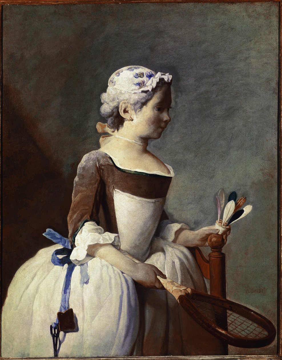 Pige med ketsjer og fjerbold (olie på lærred, ca. 1737) af Jean Baptiste Simeon Chardin
