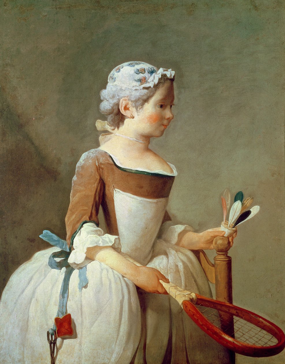 Pige med ketsjer og fjerbold, ca. 1740 af Jean Baptiste Simeon Chardin