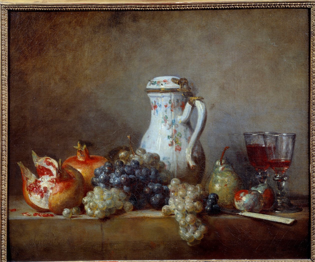 Druer og granater Maleri af Jean Baptiste Simeon Chardin (1699-1779) 1763 Søn. 0,47x0,57 m - Druer og granatæbler. Maleri af Jean Baptiste Simeon Chardin (1699-1779) af Jean Baptiste Simeon Chardin