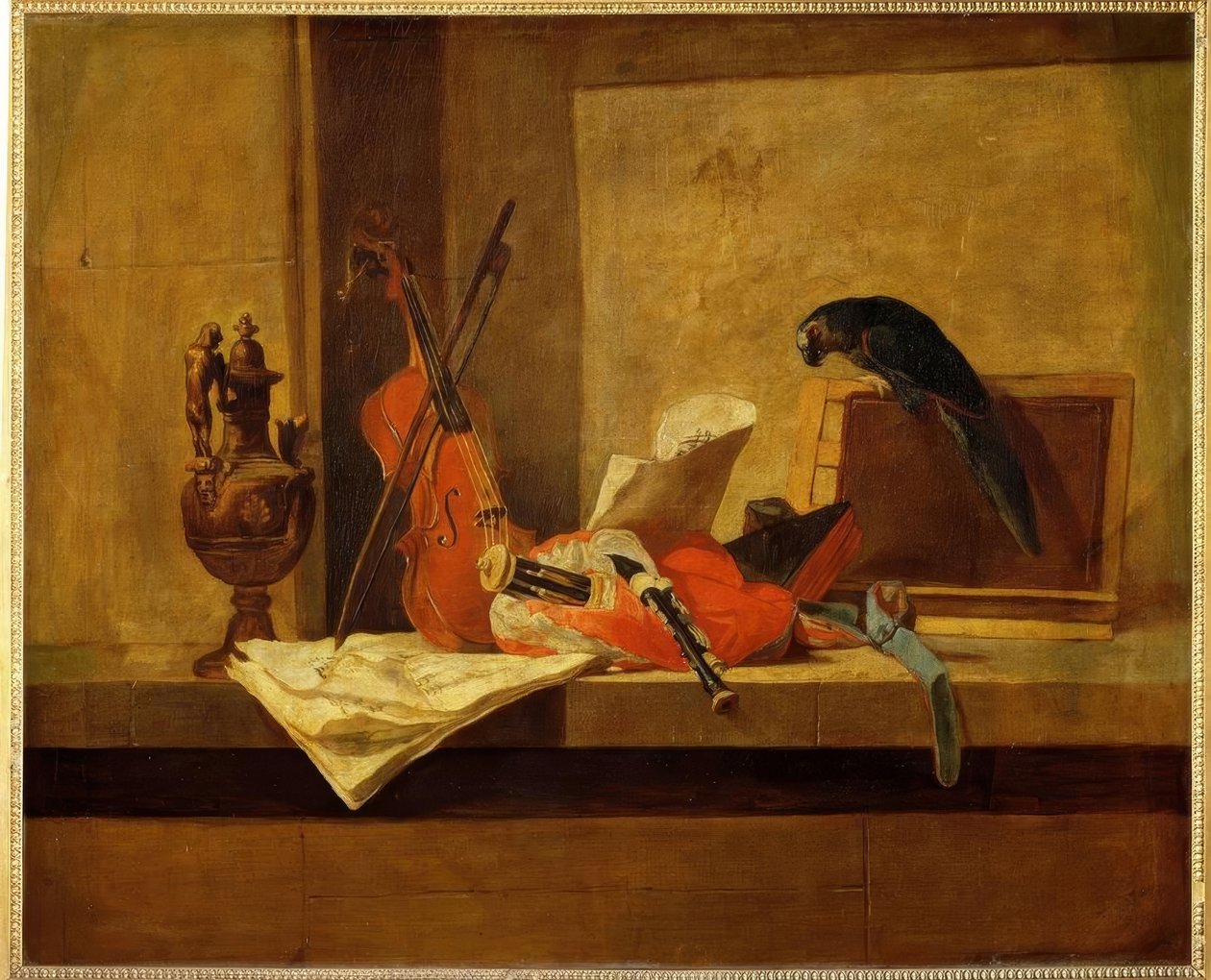 J.B.S.Chardin, Musikinstrumente u. Papag. af Jean Baptiste Simeon Chardin