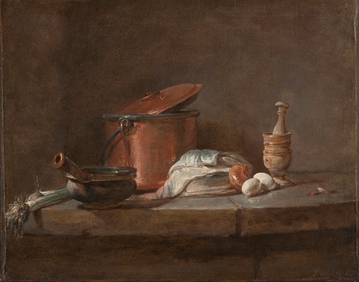 Køkkenredskaber med Porrer, Fisk og Æg, ca. 1734. af Jean Baptiste Simeon Chardin