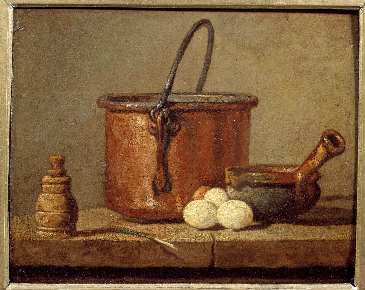 Køkkenredskaber, Cauldron, Poelon og Eggs Maleri af Jean Baptiste Simeon Chardin (1699-1779) fra det 18. århundrede Sun. 0,21 x 0,17 m af Jean Baptiste Simeon Chardin