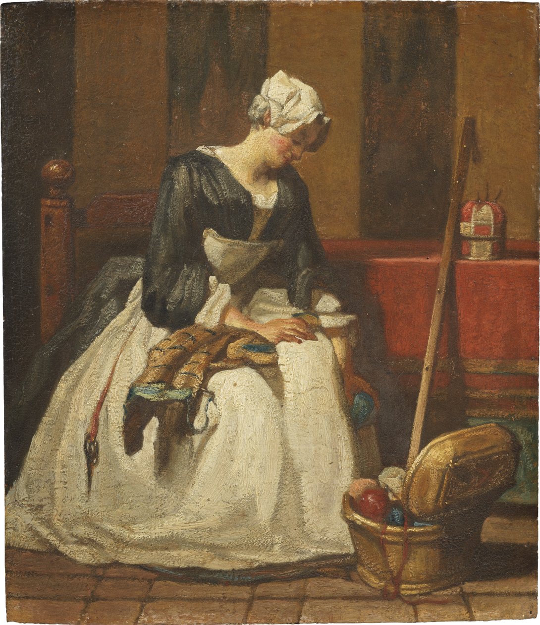 La brodeuse - Broderinden, af Chardin, Jean Baptiste Simeon (1699-1779). Olie på træ. Mål: 19x16,5 cm. Nationalmuseum Stockholm af Jean Baptiste Simeon Chardin