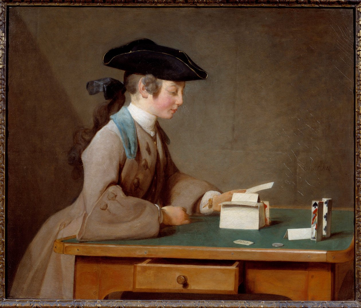 Korthuset eller lyden af ​​Monsieur Le Noir Maleri af Jean Baptiste Simeon Chardin (1699-1779) 1737 Søn. 0,6x0,71 m London, nationalgalleriet - The House of cards (eller Mister Noirs søn) - Maleri af Jean Baptiste Simeon Chardin (1699-1779), olie på af Jean Baptiste Simeon Chardin