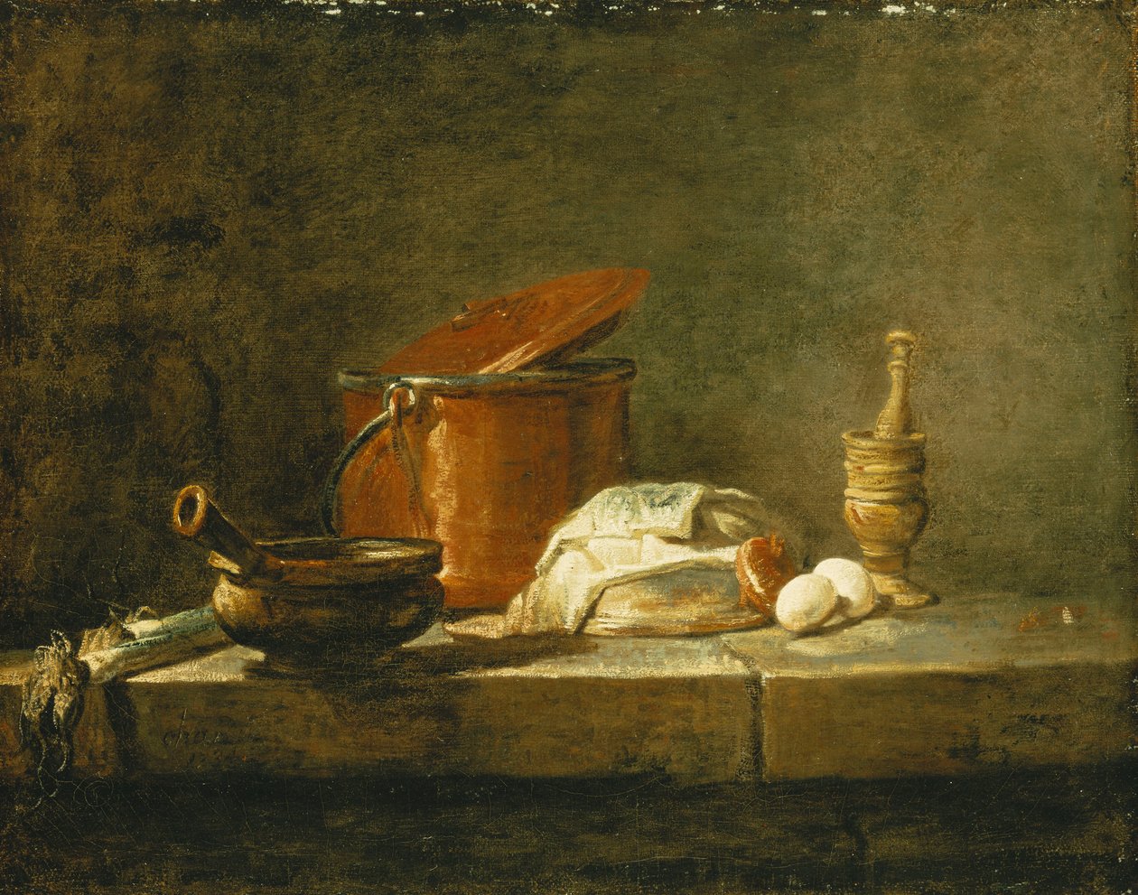 Porrer, en gryde, en kobbergryde med låg, en skive fisk, et løg og to æg, med en støder og morter, på en afsats, 1734 af Jean Baptiste Simeon Chardin