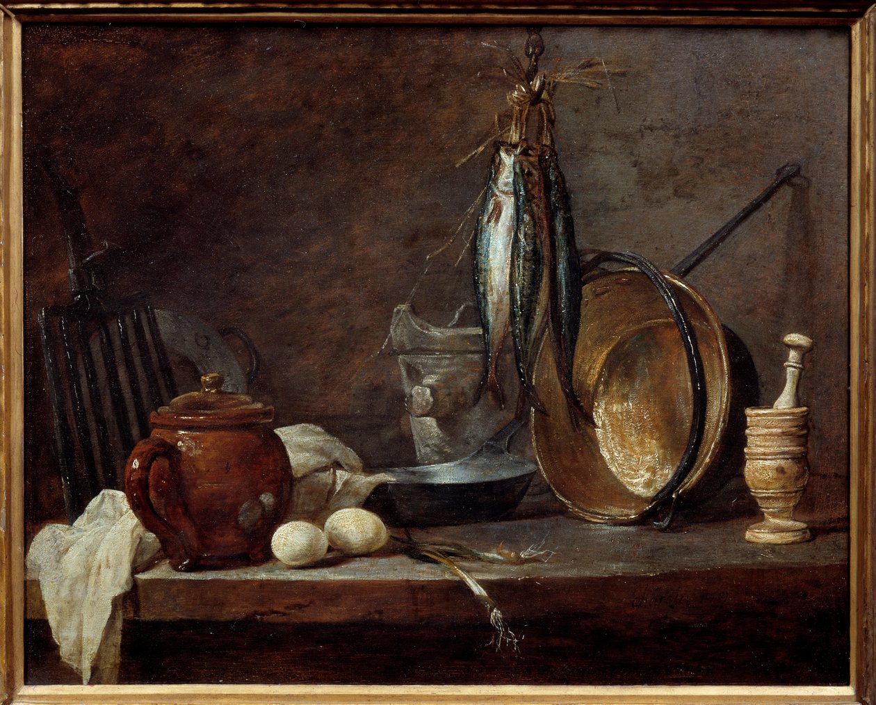 Menu af magert og køkkenredskaber. Stilleben. Maleri af Jean Baptiste Simeon Chardin (1699-1779) af Jean Baptiste Simeon Chardin