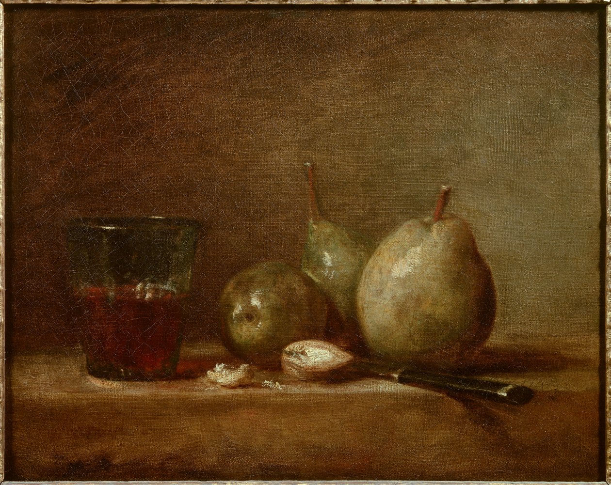 Pærer, nødder og et glas vin. Stilleben. Maleri af Jean Baptiste Simeon Chardin (1699-1779) af Jean Baptiste Simeon Chardin