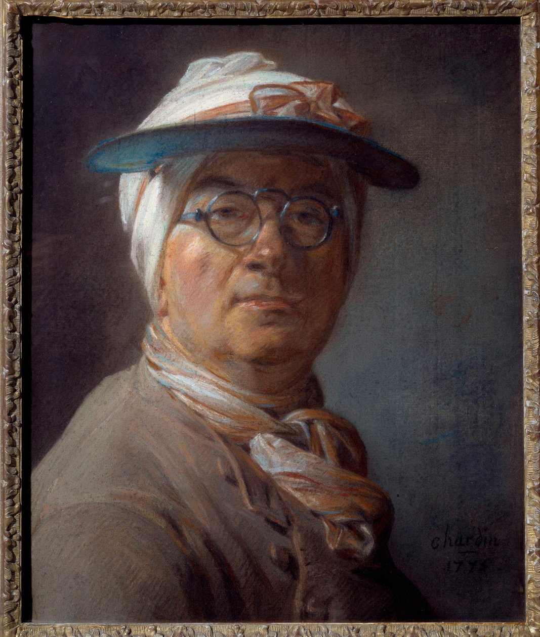 Selvportræt kaldet portræt en grøn lampeskærm Pastelmaleri af Jean Baptiste Simeon Chardin (1699-1779) 1775 Søn. 0,46x0,38 m - Salvportræt (med den grønne nuance) - Maleri af Jean Baptiste Simeon Chardin (1699-1779), pastel på papir (46x38 cm) af Jean Baptiste Simeon Chardin