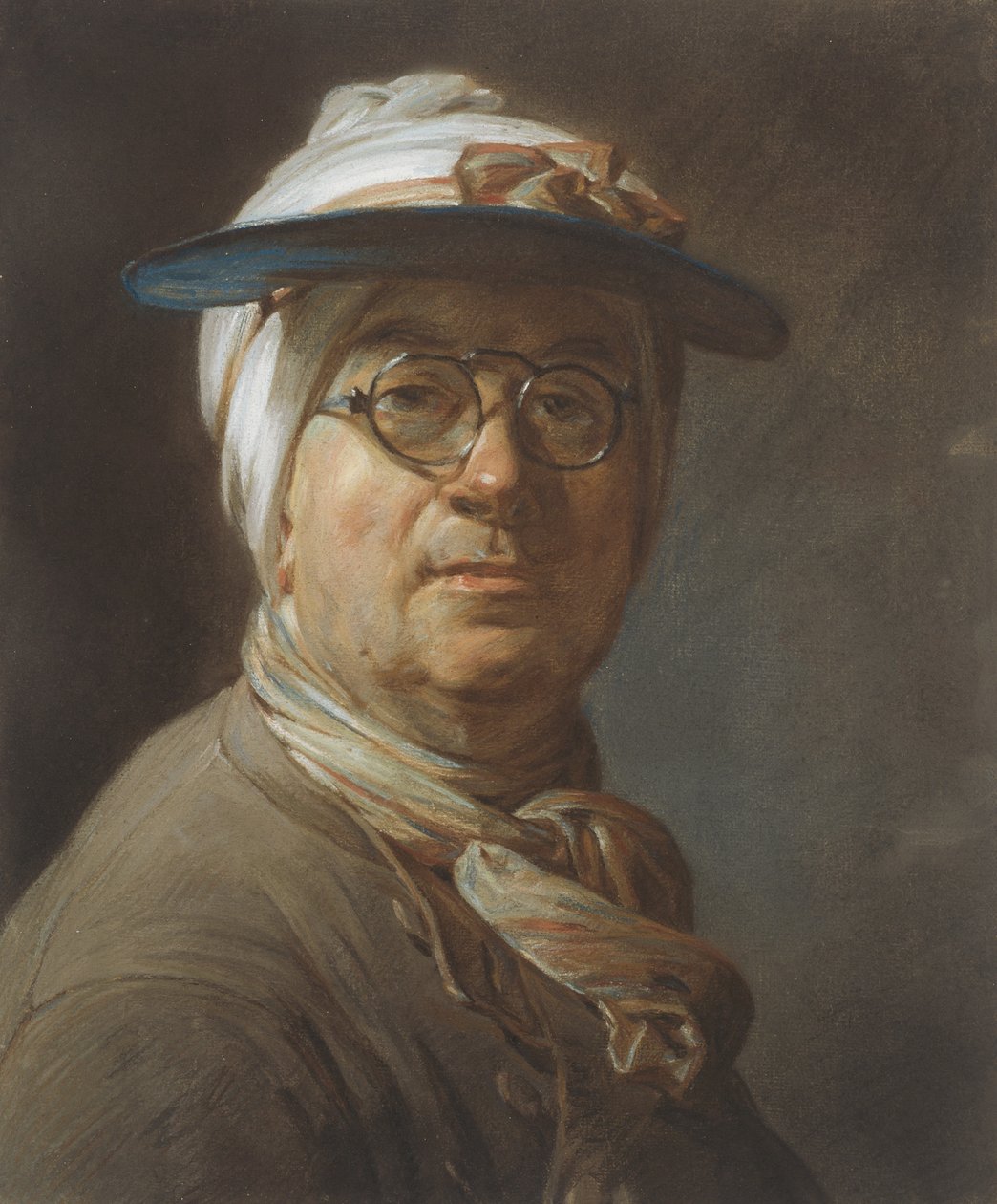 Selvportræt med visir, ca. 1776 (pastel på papir, monteret på lærred) af Jean Baptiste Simeon Chardin