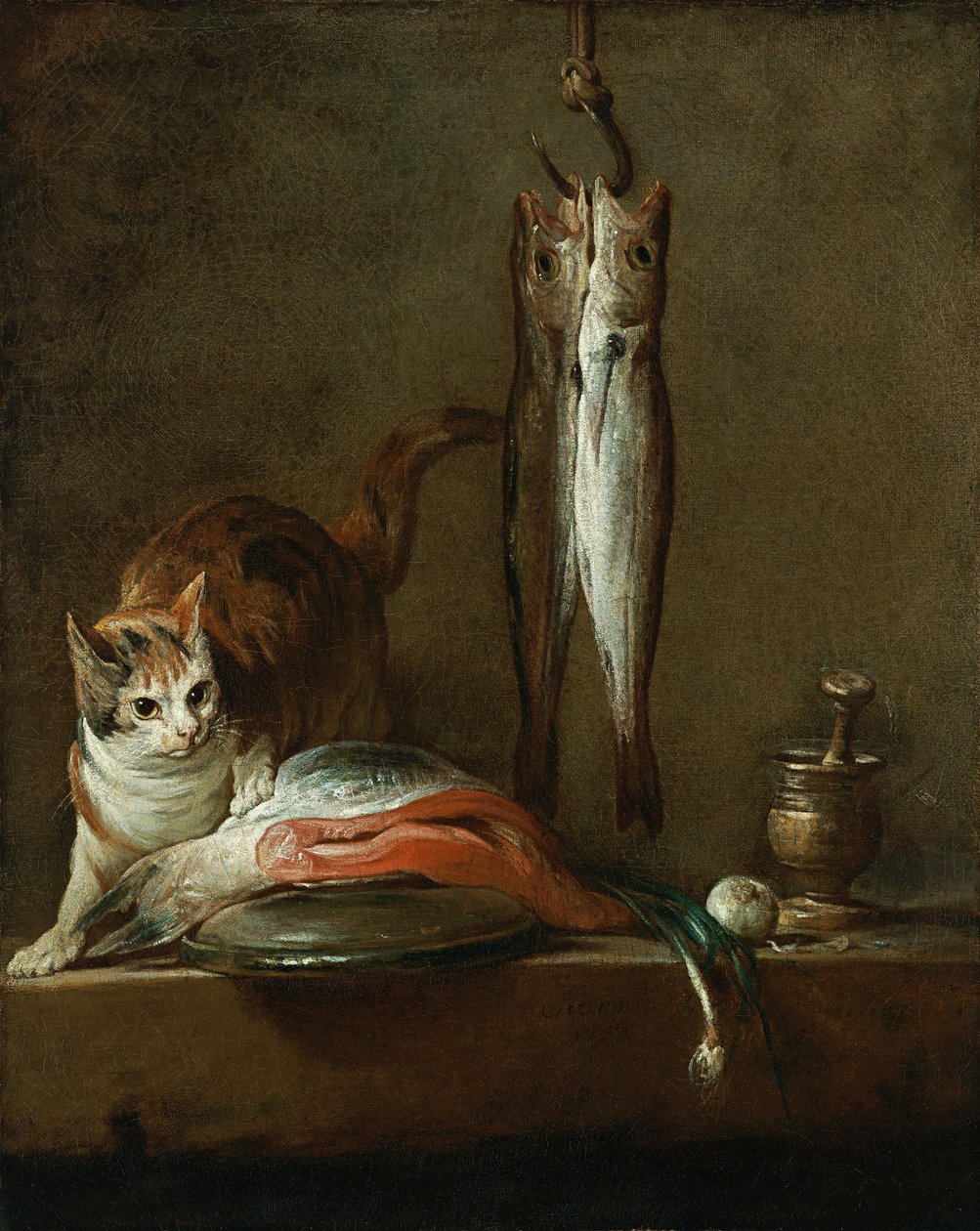 Stilleben med kat og fisk af Jean Baptiste Simeon Chardin