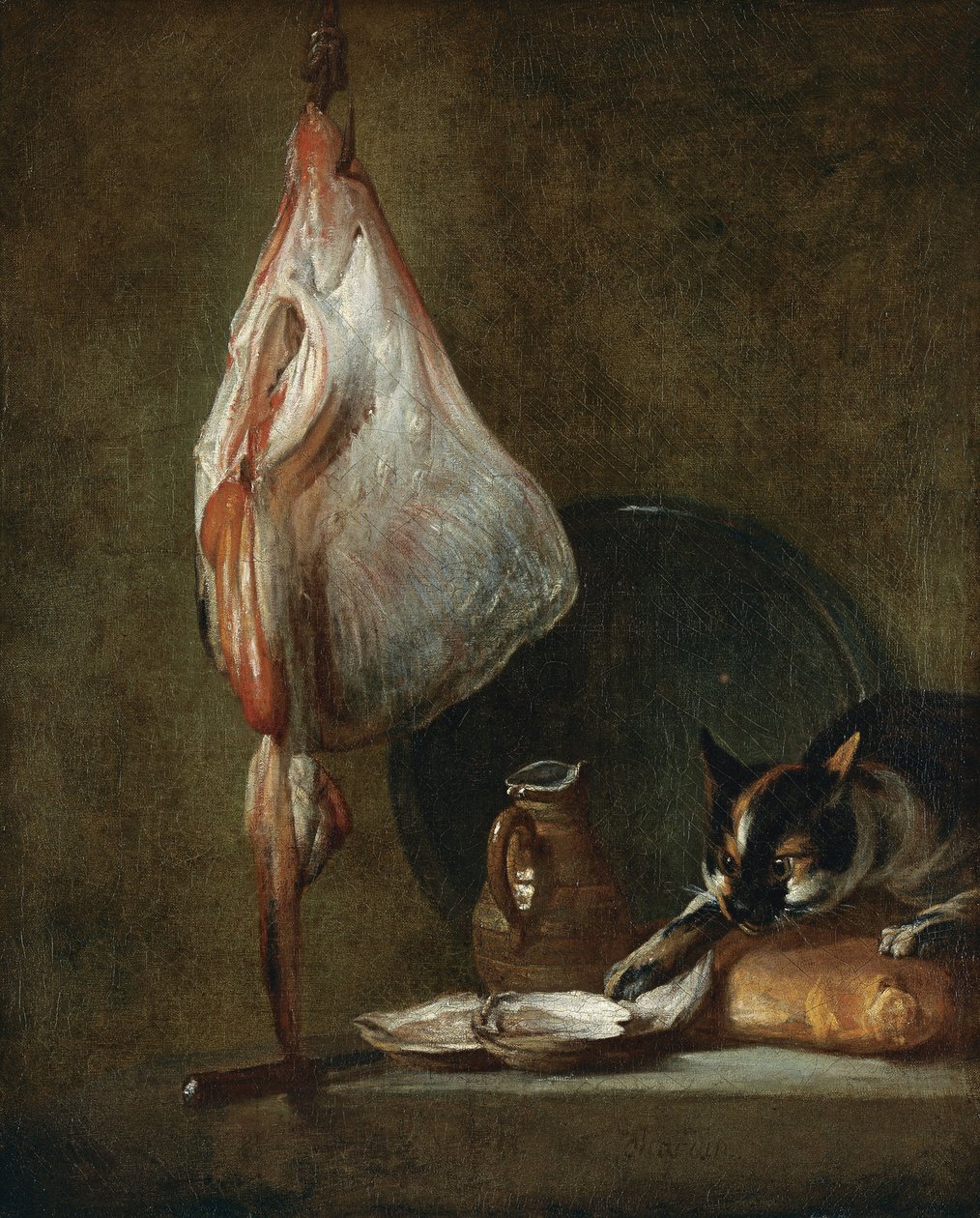 Stilleben med kat og rokke af Jean Baptiste Simeon Chardin