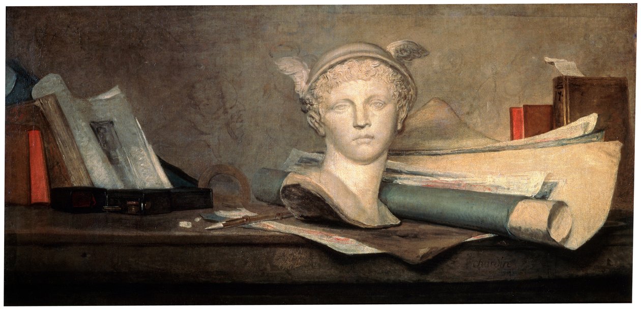 Stilleben med kunstens attributter, 1700-tallet. af Jean Baptiste Simeon Chardin
