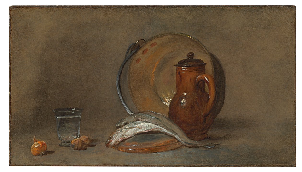 Stilleben med fisk og en kobbergryde af Jean Baptiste Simeon Chardin