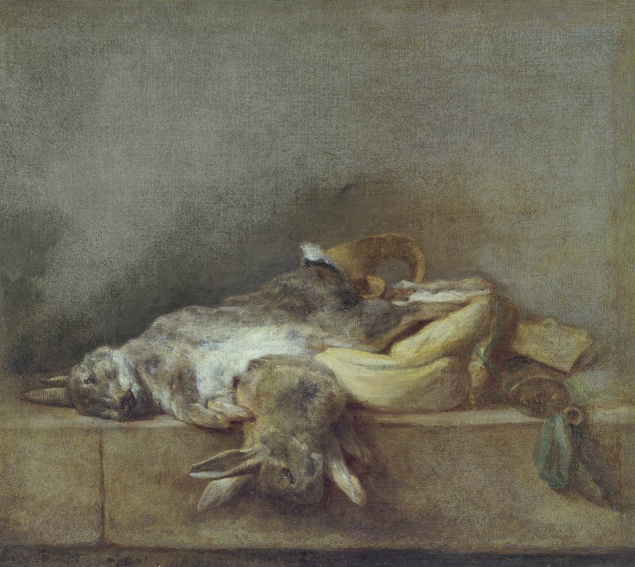 Stilleben med kaniner, en gamebag og et pulverhorn, ca. 1755 af Jean Baptiste Simeon Chardin