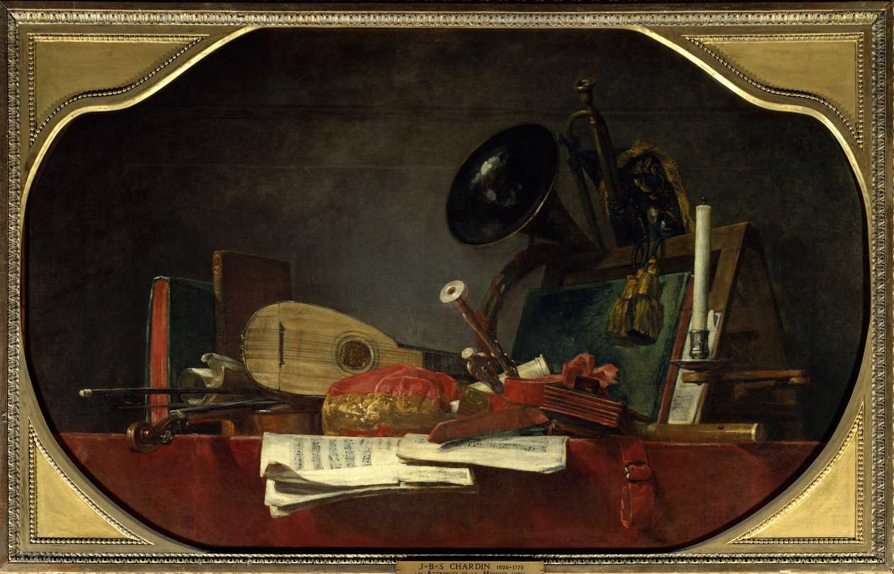 Musikkens egenskaber Stilleben med partitur, violin, mandore, hofmusette, traversere fløjte, horn og trompet. Maleri af Jean Baptiste Simeon Chardin (1699-1779) 1765 søn. 0,91 x 1,45 m Paris, Louvre. af Jean Baptiste Simeon Chardin