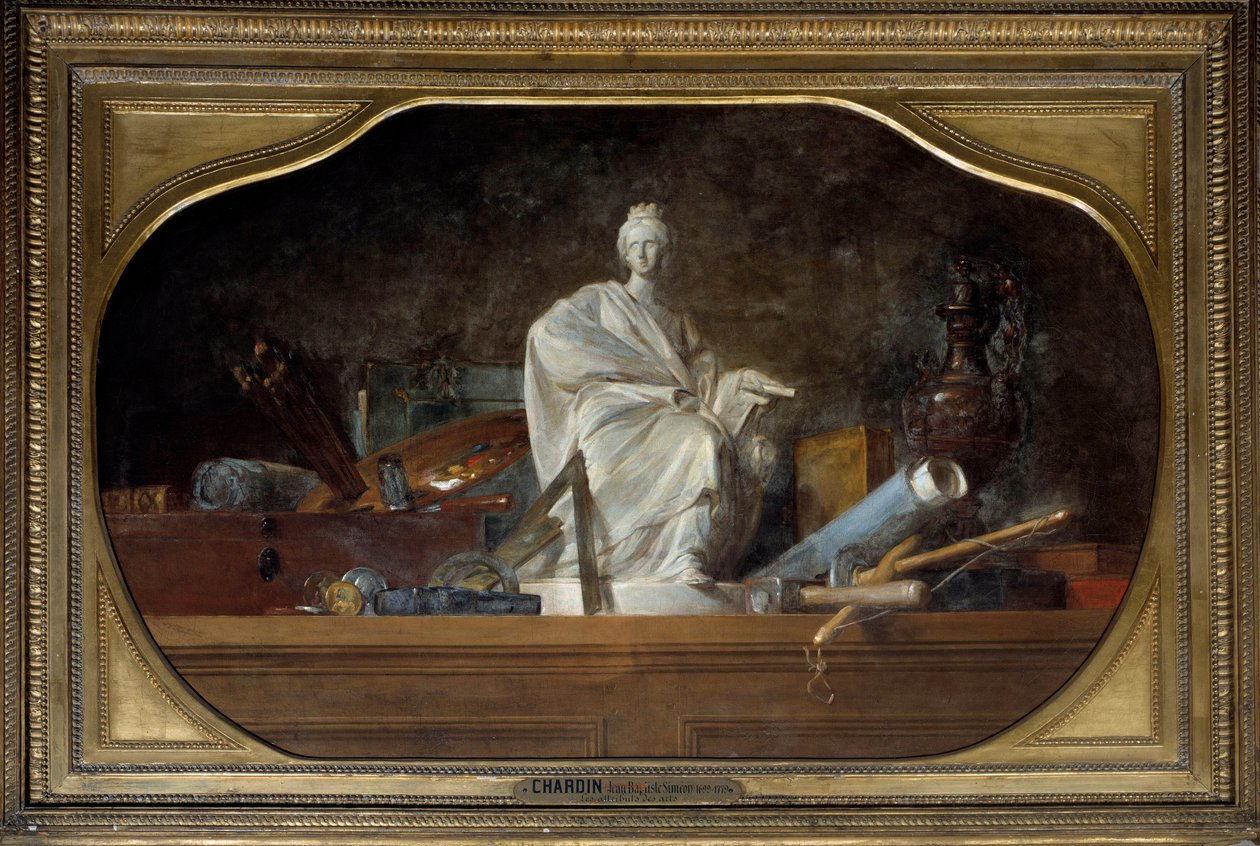 Attributter af Arts Allegory of the arts med billedhuggerværktøjer, statuette. Maleri af Jean Baptiste Simeon Chardin (1699-1779) 1765 søn. 0,91x1,45 m af Jean Baptiste Simeon Chardin