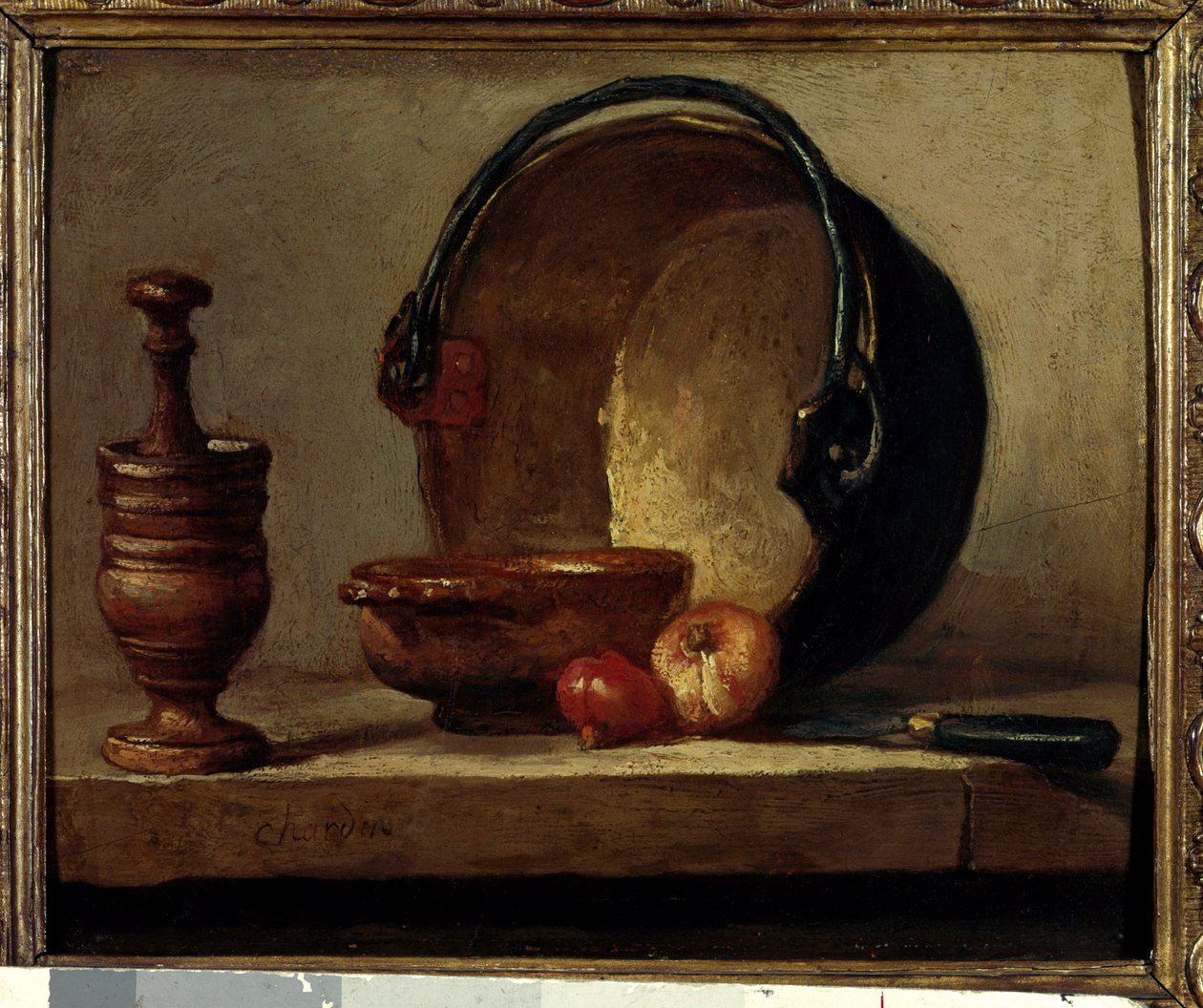 Kobber chaudon stilleben med mørtel og løg. Maleri af Jean Baptiste Simeon Chardin (1699-1779) 1732 Paris, Musee Cognacq Jay af Jean Baptiste Simeon Chardin