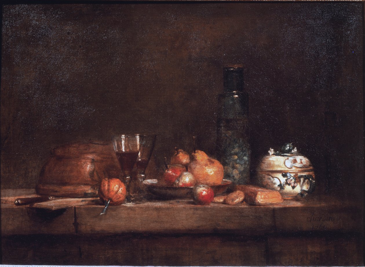 Krukken med oliven - Olie på lærred af Jean Baptiste Simeon Chardin