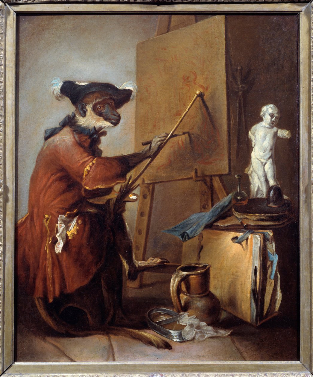 Maleraben. Repræsentation af en abe i mands kropsholdning. Maleri af Jean Baptiste Simeon Chardin (1699-1779) af Jean Baptiste Simeon Chardin