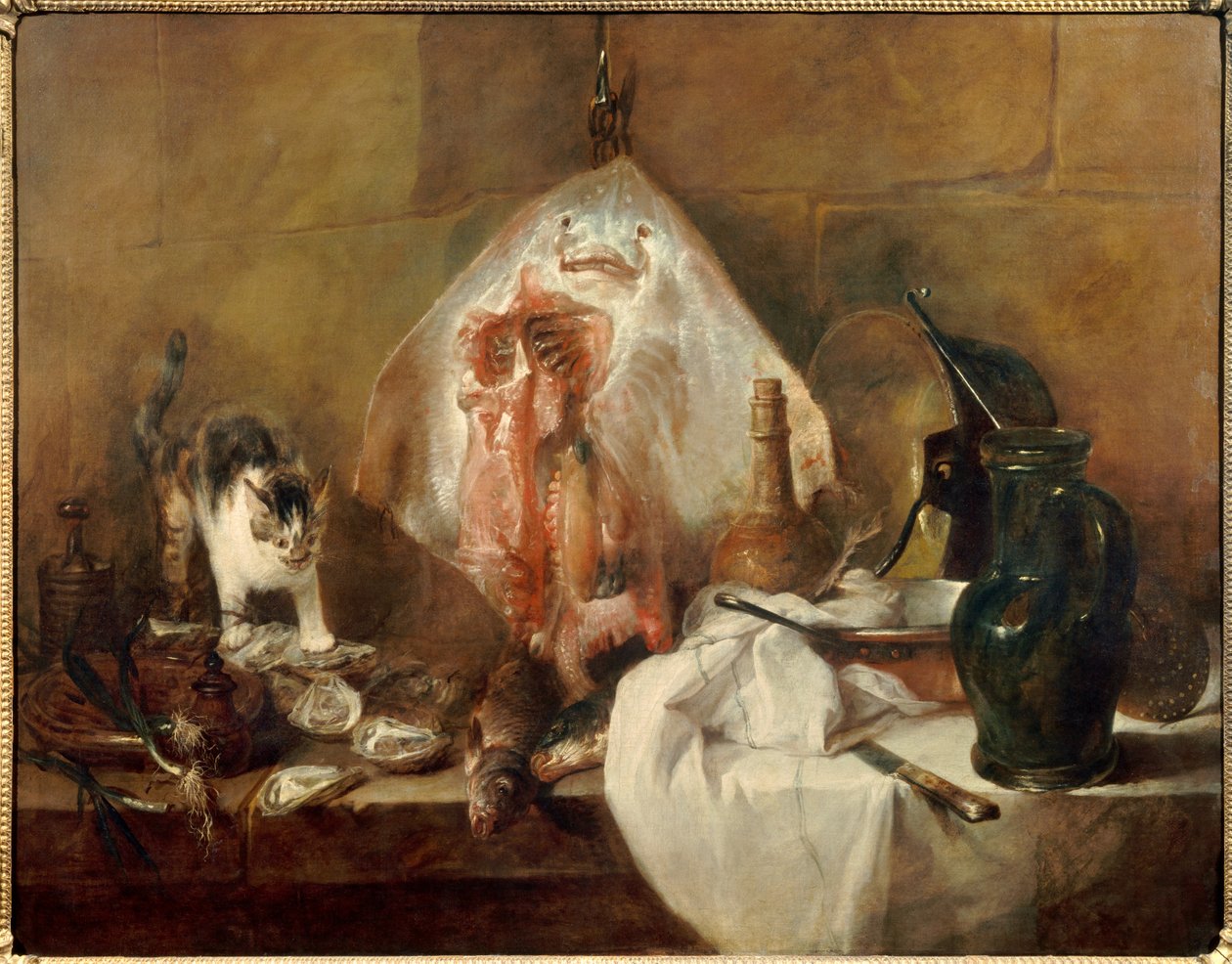 Stillebenskøjten af fisk, østers, kande. Maleri af Jean Baptiste Simeon Chardin (1699-1779) 1727 søn. 1,14 x 1,46 m Paris. Louvre-museet af Jean Baptiste Simeon Chardin