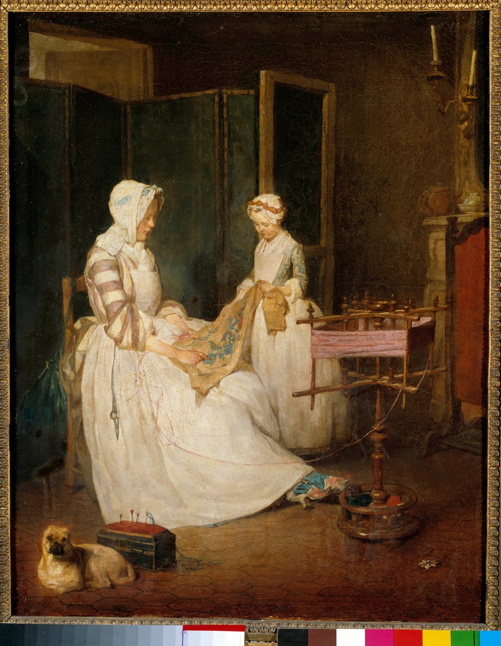 Den arbejdende mor En mor hjulpet af sin datter, der broderede og brugte en chedder. Maleri af Jean Baptiste Simeon Chardin (1699-1779) 1700-tallet søn. 0,4x0,39 m af Jean Baptiste Simeon Chardin