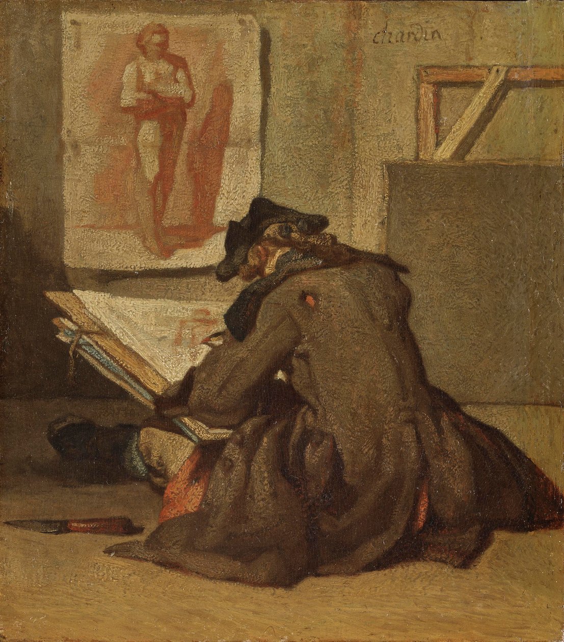 Young Student Tegning (olie på eg) af Jean Baptiste Simeon Chardin