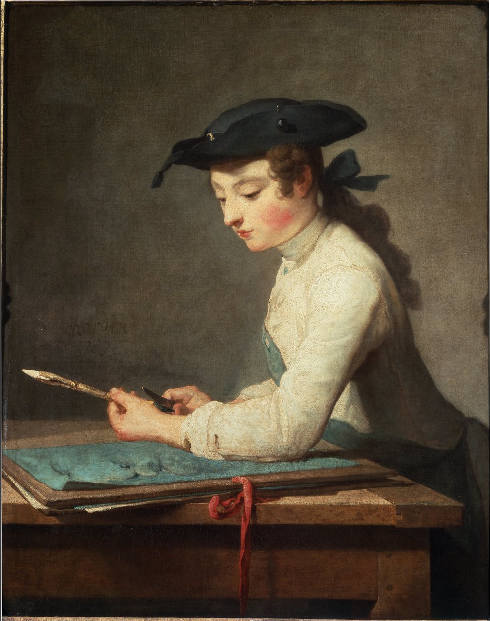 Ung tegneserieskaber udskærer sin blyant. Maleri af Jean Baptiste Simeon Chardin af Jean Baptiste Simeon Chardin