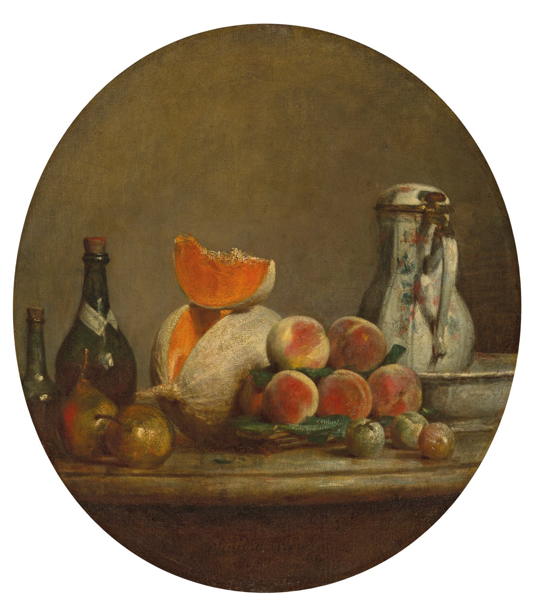 Fransk:  Le Melon entamé Den skiveskårne melon af Jean Baptiste Simeon Chardin