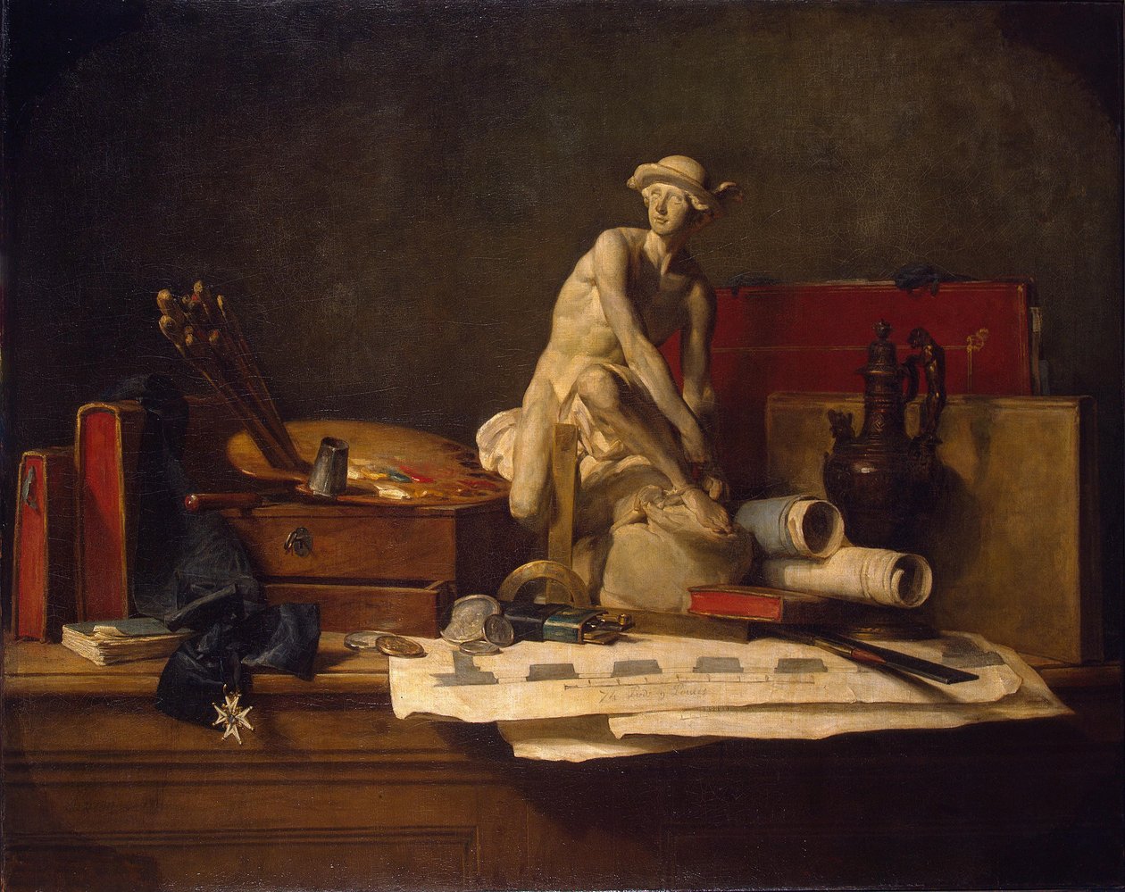 Fransk:  Nature morte avec des attributs des Arts Stilleben med kunstens attributter af Jean Baptiste Simeon Chardin