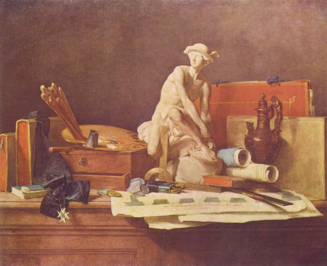 Fransk:  Nature morte avec des attributs des Arts Stilleben med kunstens attributter af Jean Baptiste Simeon Chardin