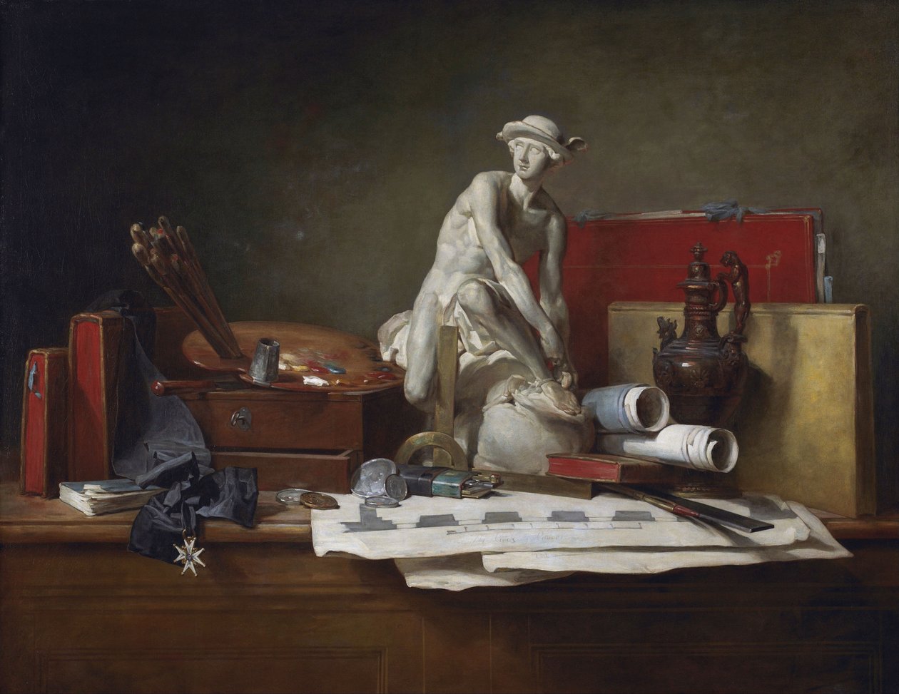Fransk:  Nature morte aver des attributs des Arts Kunstens egenskaber og de belønninger, der tildeles dem af Jean Baptiste Simeon Chardin