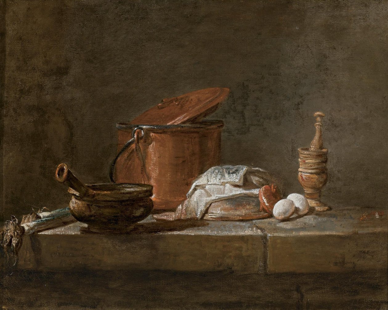 Porrer, en gryde med et klæde, en kobbergryde med låg, et løg og æg med støder og morter, på en stenkant af Jean Baptiste Simeon Chardin
