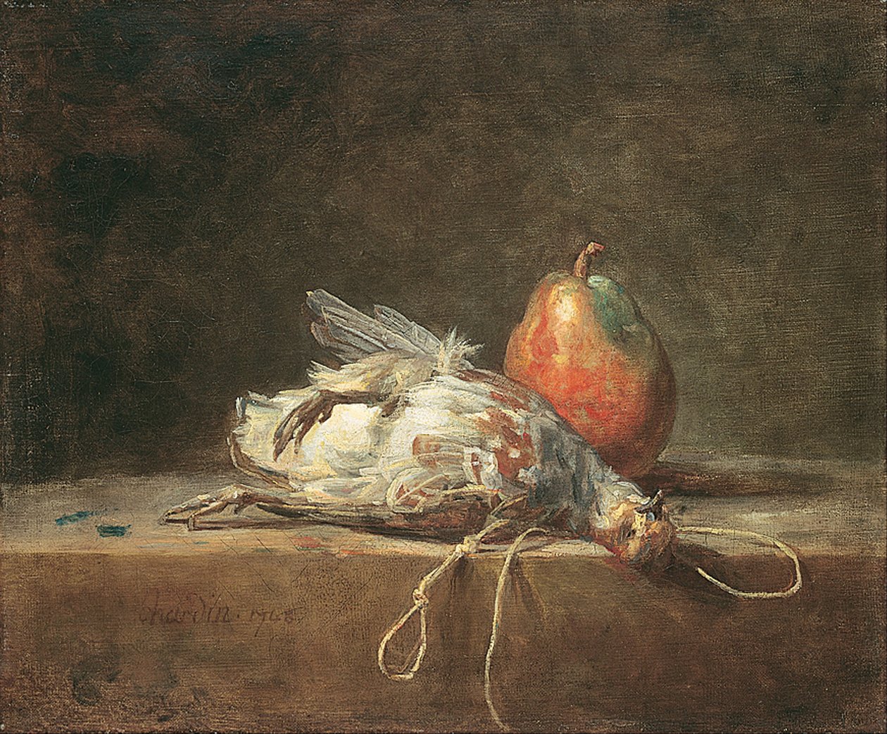 Stilleben med agerhøne og pære af Jean Baptiste Simeon Chardin