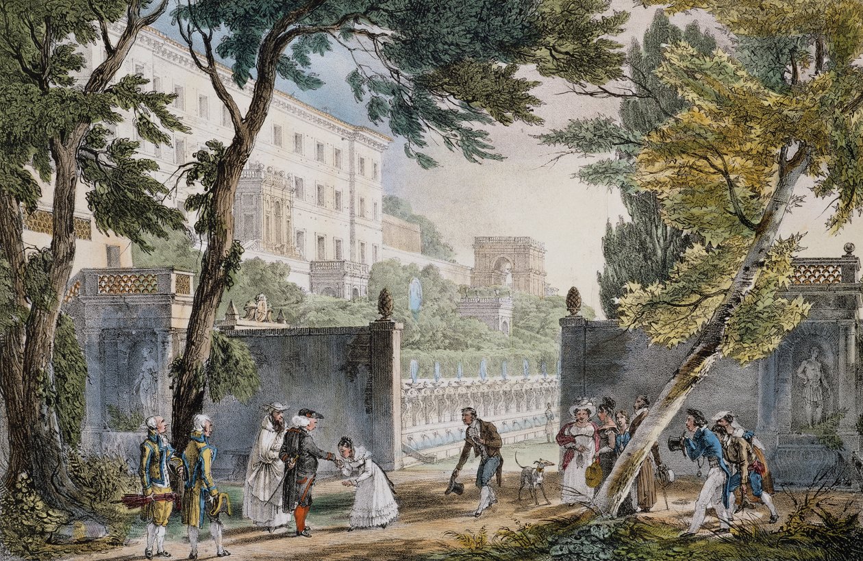En villa: mødescene for adelen - gravering af Johannes Døberen (Jean-Baptiste) Thomas (1791-1833), ca. 1820 af Jean Baptiste Thomas