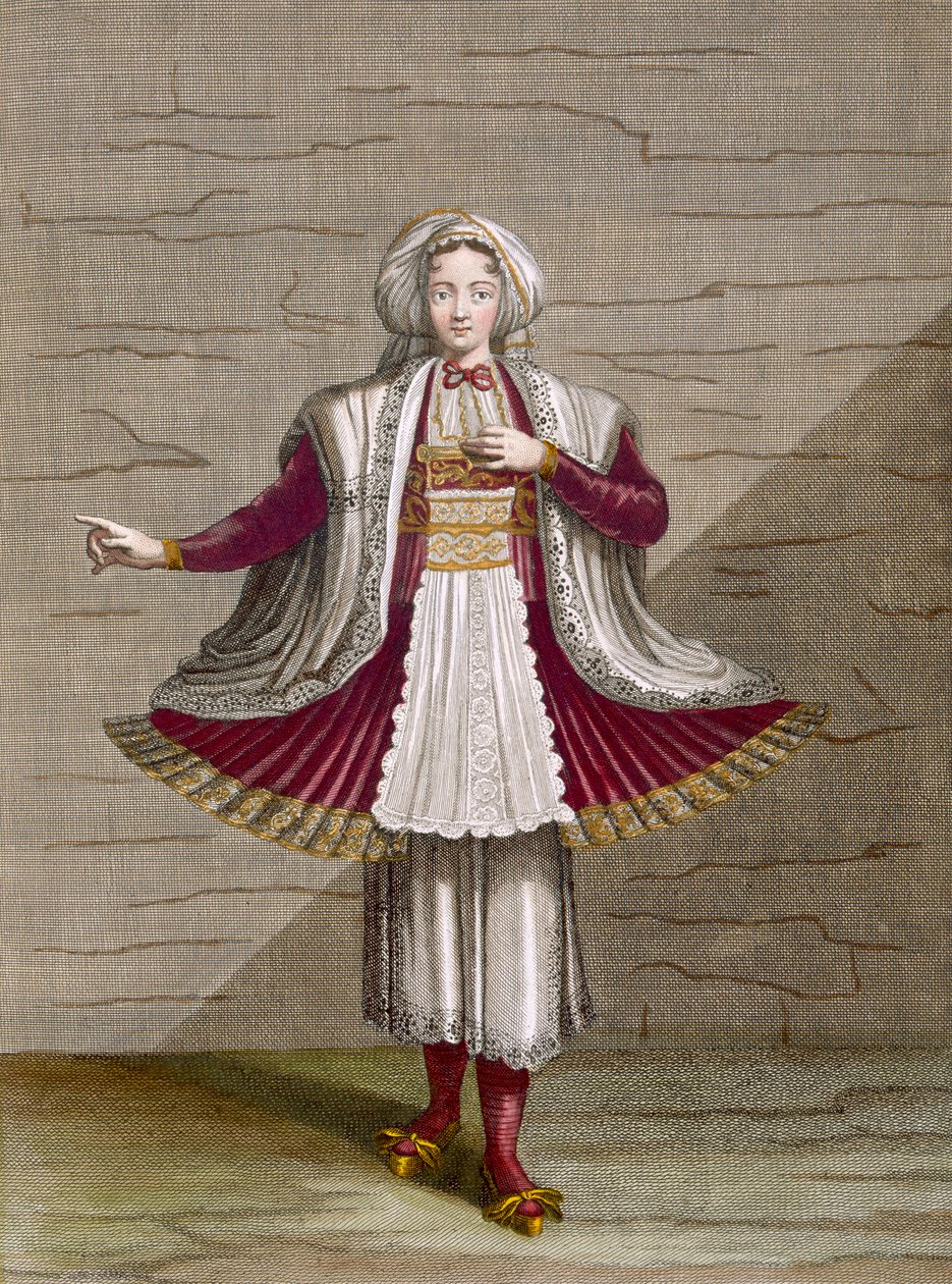 En pige fra Naxos, planche 71 fra "Collection of One Hundred Prints Representing the Different Nations of the Levant" af Charles de Ferriol, graveret af Gerard Scotin (1671-1716), 1707-08 (farvet gravering). af Jean Baptiste Vanmour
