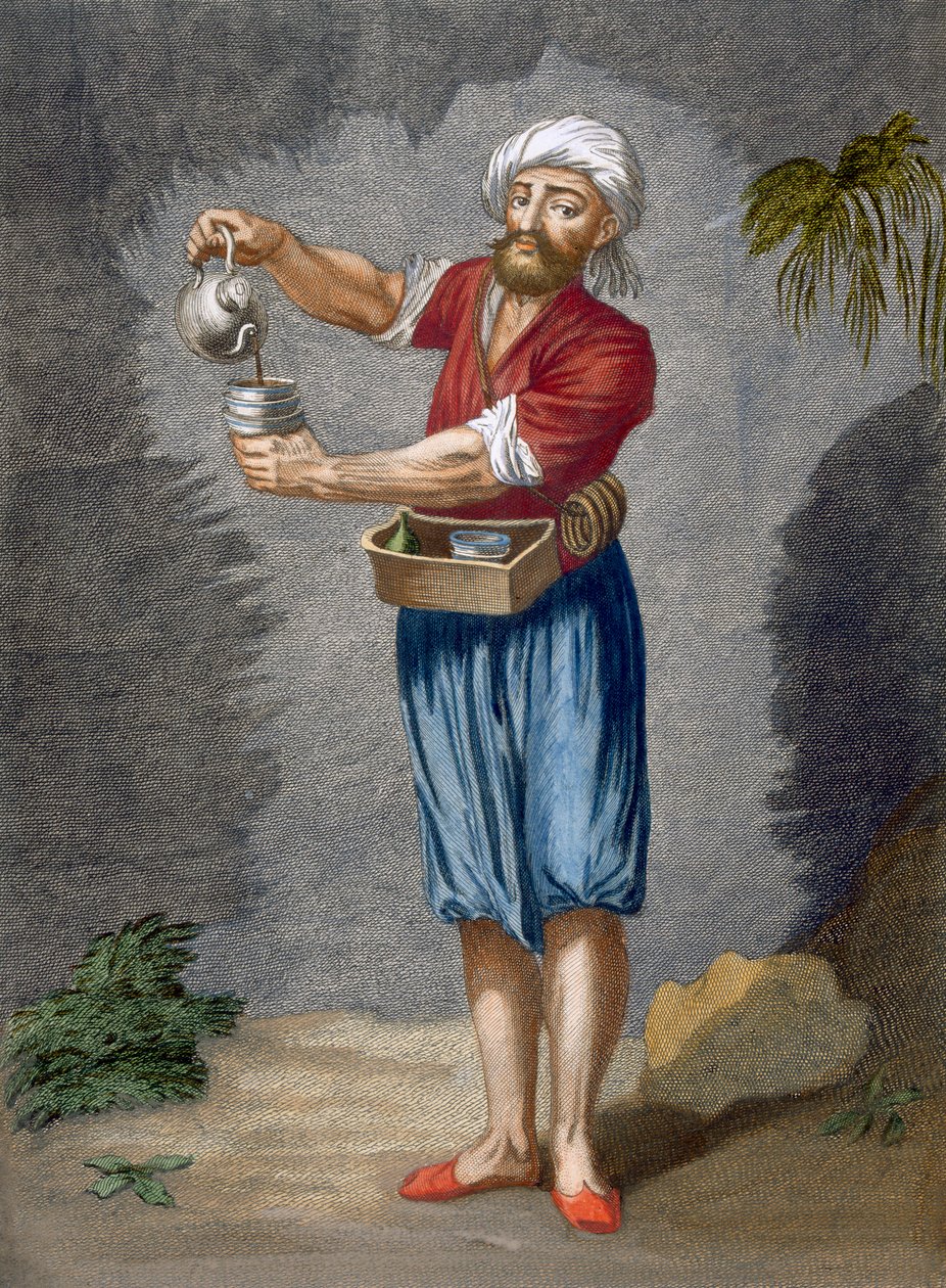 En kaffesælger på gaden, plade 56 fra "Collection of One Hundred Prints Representing the Different Nations of the Levant" af Charles de Ferriol, graveret af Gerard Scotin (1671-1716), 1707-08 (farve af Jean Baptiste Vanmour