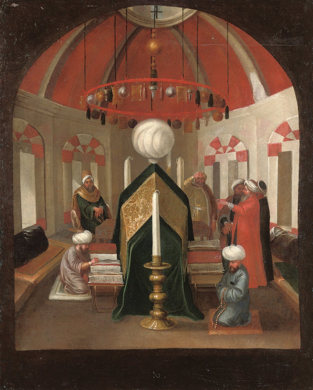 Et tyrkisk mausoleum med figurer ved en sultans grav af Jean Baptiste Vanmour