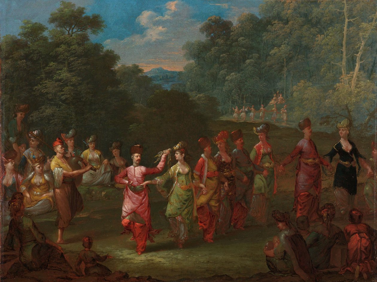 Græske mænd og kvinder danser Khorra, ca. 1720-37 af Jean Baptiste Vanmour
